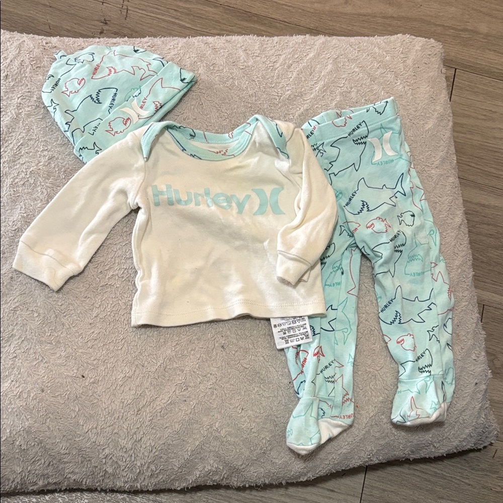 Hurley White and Aqua Baby Outfit with Hat